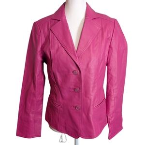 Vintage 90s Pamela McCoy Fuchsia Genuine Leather Jacket Blazer Style size Small